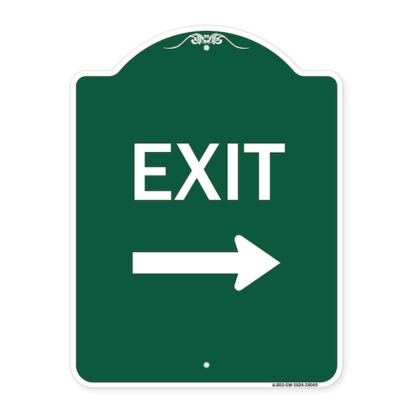 Designer Series Exit W/ Right Arrow 3, Green & White Aluminum Sign, 18" H, 24" L, GW-1824-24045